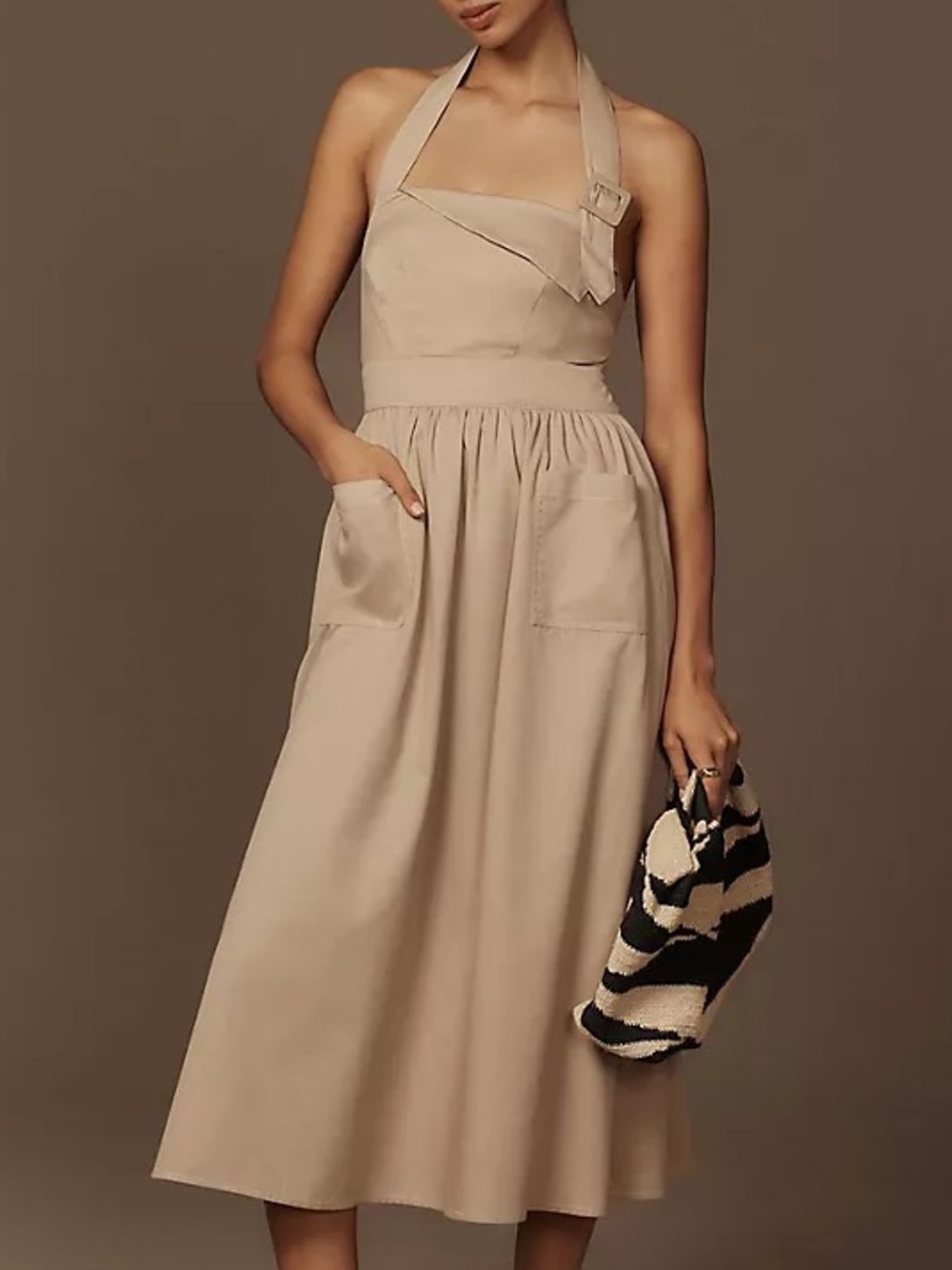 Anthropologie Porridge Women’s Halter Utility Khaki Midi Dress Size Large NWT